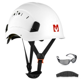 Mustbau Safety Helmet, EN397 Protective Helmets with Anti-Fog Glasses, 53 to 63 cm, Adjustable Head Circumference, Durable ABS Material for Men Women - White