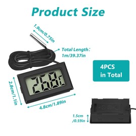 Pack of 4 LCD Digital Thermometers, Mini Fridge Thermometer, Precise Temperature Monitoring with External Probe, Ideal for Fridges, Freezers and Aquariums, Temperature Range -50 to +110 °C