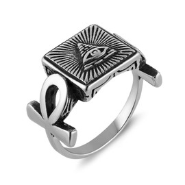 HZMAN All Seeing Eye Ring for Men Stainless Steel Retro Coptic Ankh Cross Eye of Providence Rings Jewelry Gift (Size,13)