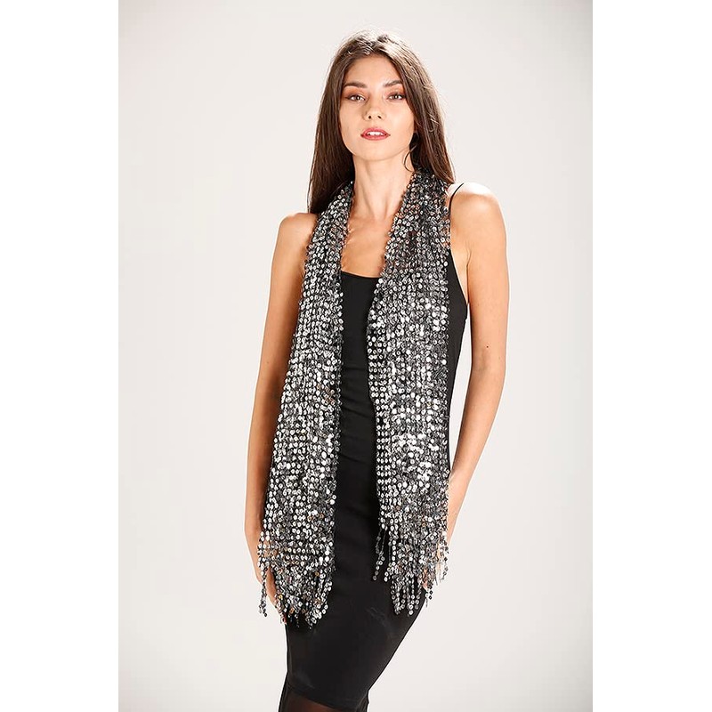 Central Chic Women's Stunning Sequin Evening Scarf - In Silver/Black