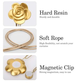 Lewondr Vintage Camellia Magnetic Curtain Tieback, 1 Pair Resin Flower Curtain Drapery Holdback Retro Window Curtain Decorative Buckle Holder for Home Office Cafe Balcony, Gold