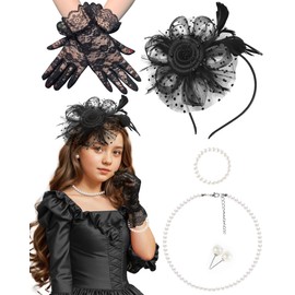Girls Black Tea Party Fascinators Hats with Lace Gloves Pearl Necklace Earring Jewelry for Tea Party Wedding Accessories