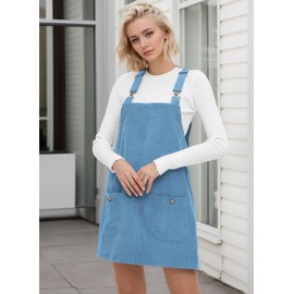 YUENIU Women's Corduroy Overall Dress Adjustable Straps Pinafore Jumper Short Skirt with Pockets Blue