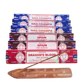Satya with ANKCIENSE Incense Holder Pack of 3 fragrances Variety Pack of 90 Sticks. (Nag Champa, Opium & Dragon Blood)