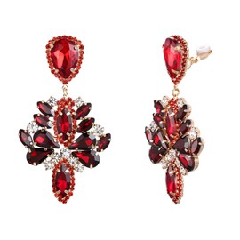 BriLove Bridal Wedding Clip-on Earrings, Crystal Rhinestone Marquise Teardrop Cluster Chandelier Dangle Earrings for Women Ruby Color Gold-Tone