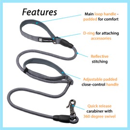Harpers Tale Reflective Grey Rope Dog Lead Innovative Design with Adjustable Control Handle - Easy Attach Hook - Neoprene Padded Handles 1.5 M Long for Small, Medium & Large Sized Dogs