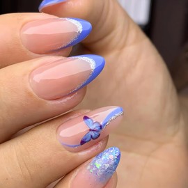 French Tip Press on Nails Short Almond Blue Fake Nails with Butterfly Designs Glitter Spring False Nails Blue Gel Acrylic Nails French Glue on Nails Glossy Full Cover Stick on Nails for Women 24Pcs