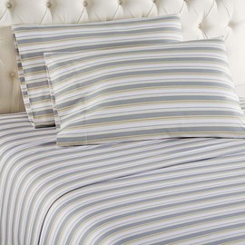 Micro Flannel Shavel Durable & Luxurious Printed Sheet Set King, Flat/Fitted Sheet 108x110/80x78x18; 2-Piece Pillowcase 21x40 - Metro Stripe.