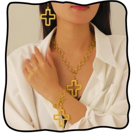 Hermoli Elegant Cross Pendant Jewelry Set, Gold and Silver Chain Link Necklace with Crystal Embellished Cross Charms, Bracelet and Earring Set