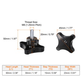 HARFINGTON 5pcs Star Knobs M8 x 20mm Male Thread Plastic 4-Star Stud Knob Hand Tightening Clamping Screw Replacement Threaded Handle, Black