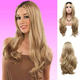 Brown Blonde Lace Front Wigs for Women Realistic Long Wavy Ombre Brown Black Roots Lace Wig Synthetic Glueless Heat Resiatnt Fiber Hair Cosplay Anime Wig 24 Inches