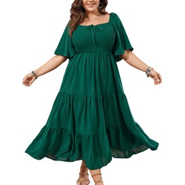 SCOMCHIC Women's Plus Size Flowy Maxi Dress Flutter Short Sleeve Boho Dress Square Neck Smocked Formal Dresses for Women Green