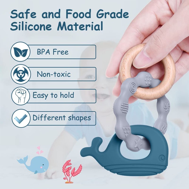 Vicloon Baby Teether Toys, Silicone & Natural Wood Teether Ring,