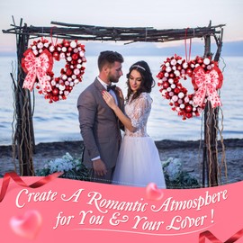 14'' Valentine Wreath Heart Door Wreath for Front Door Wall Window Romantic Decor, 2 Tier Plastic Valentines Day Love Heart Wreath with Bowknot for Valentine's Day Wedding Party (Red Pink White)