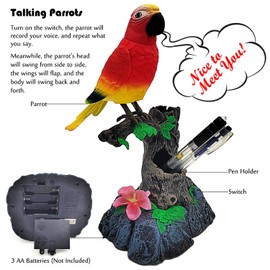 Tipmant Electronic Talking Parrots Realistic Eelectric Birds Toy Office Home Wall Room Table Decoration Recoarding Voice & Playback Kids Toys Birthday Gifts (Red)