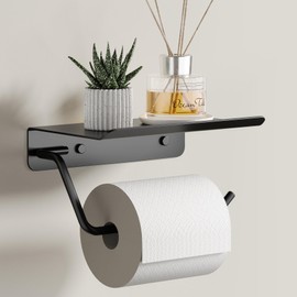 Metal Toilet Paper Holder with Shelf, 304 Stainless Steel Wall Mounted Bathroom Tissue Roll Holder - Rustproof, Screws Included, Drilling Installation, Black