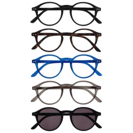 OPULIZE REY Readers with Reading Sunglasses - 5-Pack - Round Frame - Matt Black, Brown, Blue, Grey, Black - Mens Womens - Spring Hinges - RRRRS56-12371 - +2.50