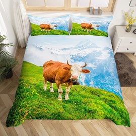 Cow Bed Linen Set, 135 x 200 cm, for Children, Boys, Girls, Highland Cattle, Farmhouse, Animal, Grassland, Rustic Duvet Cover Set with 1 Pillowcase, with Zips