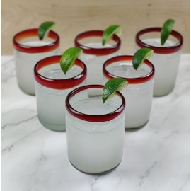 Dos Sueños Hand Blown Mexican Drinking Glasses - Set of 6 Tumbler Glasses with Red Rims (10 oz each)