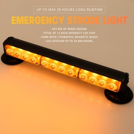 BooYu 14" Battery Powered Emergency Strobe Lights Bar for Truck Vehicle Trailer Rechargeable Roadside Wireless Rooftop Mini Hazard Flashing LED Beacon Warning Light w/Magnetic Base (Amber/White)