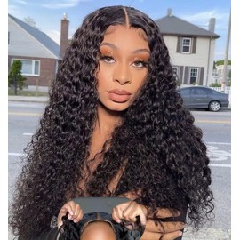 Glueless Curly Wigs Human Hair Pre Plucked Pre Cut Deep Wave Lace Front Wigs 4X4 HD Lace Closure Wig for Women Wear and Go Glueless Wigs Precut Lace Human Hair(24 inch Natural Color)
