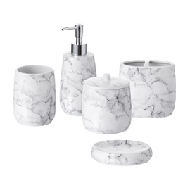 Motifeur Bathroom Accessories Set, 5-Piece Ceramic Bath Accessory Complete Set with Lotion Dispenser/Soap Pump, Cotton Jar, Soap Dish, Tumbler and Toothbrush Holder (Marble Look)