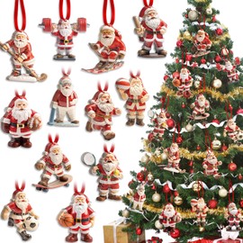 36 Pcs Santa Sports Ornament Christmas Tree Wooden Fitness Gym Ornament Decorations Santa Weight Lifting Santa Skier Hockey Player Basketball Football Beach Ball Christmas Ornament for Xmas Tree Decor