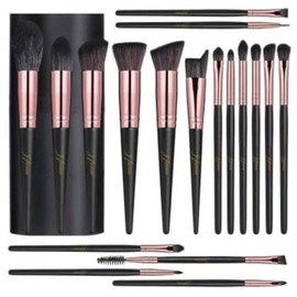 J-Faciem 18 Pcs Premium Synthetic Foundation Powder Brush Set - Black Case - Nylon Bristles - Aluminum Ferrule & Handle - For Foundation, Powder, Concealing, Blush, Eyeshadow, Contouring