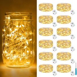 btfarm - Paquete de 12 luces de hadas que funcionan con pilas [3 modos], 2.1 m, 20 luces LED centelleantes, impermeable, pequeño alambre plateado para tarros de albañil, jarrones, mesa de boda,