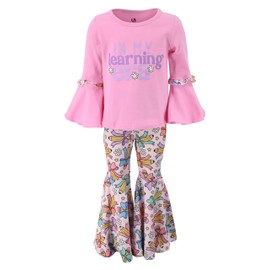 Unique Baby 2 Piece Girls Back to School Bell Bottom Leggings Outfit for Kids First Day of Kindergarten 1st 2nd 3rd Grade (7Y, Learning Era)