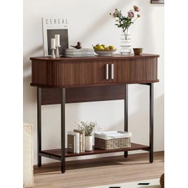 ECOTINY Fluted Entryway Table, 39.4" Narrow Console Table with Storage & Sliding Doors, Modern Round Corner Sofa Table, Mid Century Wooden Entry Table for Living Room, Hallway, Kitchen, Walnut