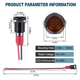 DMWD 5 luces indicadoras LED de ahorro de energía de 12 V-24 V, 20 mA, carcasa de aleación de aluminio, orificio de montaje impermeable con 15 cm. Alambre para coche, camión, barco (LED amarillo)