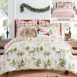 Levtex Home - Sleigh Bells Duvet Cover Set - King Holiday Duvet Cover 106x94 and Two King Pillow Cases 20x36 - Christmas Tree and Reindeer - White Green and Red - Cotton