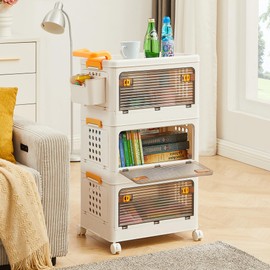 44 Qt Foldable Stackable Heavy Duty Storage Bins with Lids & Doors, 3 Tier Storage Organizer Bins, Storage Box, Storage Containers for Bedroom, Living Room, Study Office Organization and Storage