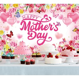 Happy Mother's Day Backdrop Pink Tulip Mother's Day Photography Background Floral Butterfly Mother Festival Banner for Mother's Day Birthday Party Decorations (7x5FT（210x150cm）)