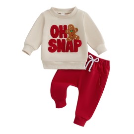 XIXIMAON Baby Girls Boys Christmas Outfits 2pcs Long Sleeve Gingerbread Embroidery Lettered Sweatshirt Jumper Elastic Pants Set Toddler Clothes (Khaki, 2-3T)