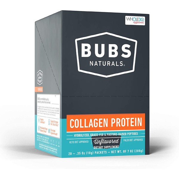 BUBS Naturals Pasture Raised Grass-Fed Collagen Peptides | Keto Friendly | Whole30 | Non - GMO | Dairy-Free Gluten-Free | Unflavored Collagen Powder (Stick Packs) | Box of 20