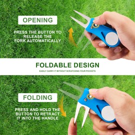 Golf Divot Repair Tool, 2 Pack Divot Fork with Magnetic Button Ball Marker, Stainless Steel Foldable Pop-up Divot Turf Fork Metal Putting Fork Golf Green Tool for Golfers, Black & Blue