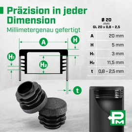 Plasticmetall Lamellenstopfen rund Ø 20 mm aus PE 20 STK. [FUNKENEROSION-Struktur] Rohrstopfen für Edelstahlrohr, Alurohr, zur Rohrabdeckung von Leerrohr, Rundrohr, Stuhlbeinkappen, Möbelgleiter, Rohr