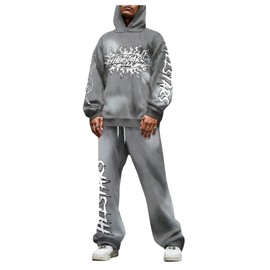 SOLY HUX Men's Hoodies Sweatsuits Graphic Hooded Sweatshirt Flared Sweatpants 2 Piece Outfit Fall Set Grey Graphic X-Large