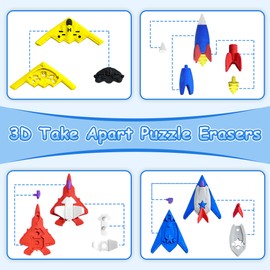 32 Pcs Aircraft Puzzle Erasers - 3D Take Apart Rocket Pencil Erasers for Kids Classroom Prizes, Treasure Box, Game Rewards, Party Favors
