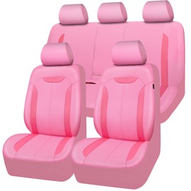 CAR PASS Pink Car Seat Covers Full Set, Universal Breathable Pink Leather Seat Cover Airbag Compatible, Fit for Car SUV Pickup Vehicle Auto Interior, Cute Women Pink