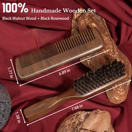 Mens Hair Brush Beard Comb Set, Slick Back Boar Bristle Hair Brush with Stiff Bristles for Thick Hair, Natural Black Walnut Gold Sandalwood Handle, Beard Mustache Brushes Comb Kit