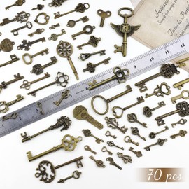 Llaves de esqueleto de la marca JIALEEY clásico, varios lotes de latón de bronce envejecido, diseño de castillo de esqueleto, 70 Pcs Keys, 1