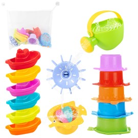 Dhnvcud 14PCS No Mould Baby Bath Toys with Storage bag, Mould Free Bath Toys for 1 2 3 4 Year Olds Toddler Kids, Swimming Pool Toys Stacking Cups Boats Water Toys for Boys Girls