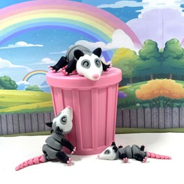 3pcs 3D Printed Opossum, Articulated Opossum with Trash Can, White and Black Opossum, 3D Printed Trash Can, Articulated Tiny Animal Opossum Fidget Toy for ADHD Autism AO001-SET-PINK