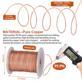 Copper Wire, Copper Wire Against Snails, Pure Copper Wire, Electroculture Gardening Copper Wire, DIY Jewellery Making, 16 Gauge (1.3 mm), 20 Metres