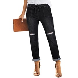 Sidefeel Women's Jeans Pull On Drawstring High Waisted Ripped Jeans Cargo Joggers Elastic Waist Denim Pants Pure Black Size 14