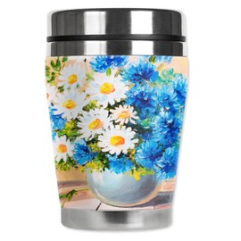 Mugzie 10 Ounce MINI Stainless Steel Travel Mug with Wetsuit Cover - Blue & White Dasies