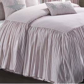 Piper Classics Timeless Ticking Red Ruffled Queen Bedspread, High Skirt on 3 Sides, Vintage Farmhouse Bedding, Christmas